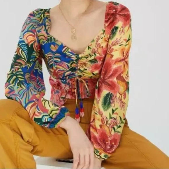 FARM Rio Women’s Tropical Square Neckline Puff Sleeve Pullover Blouse Medium - Picture 13 of 16